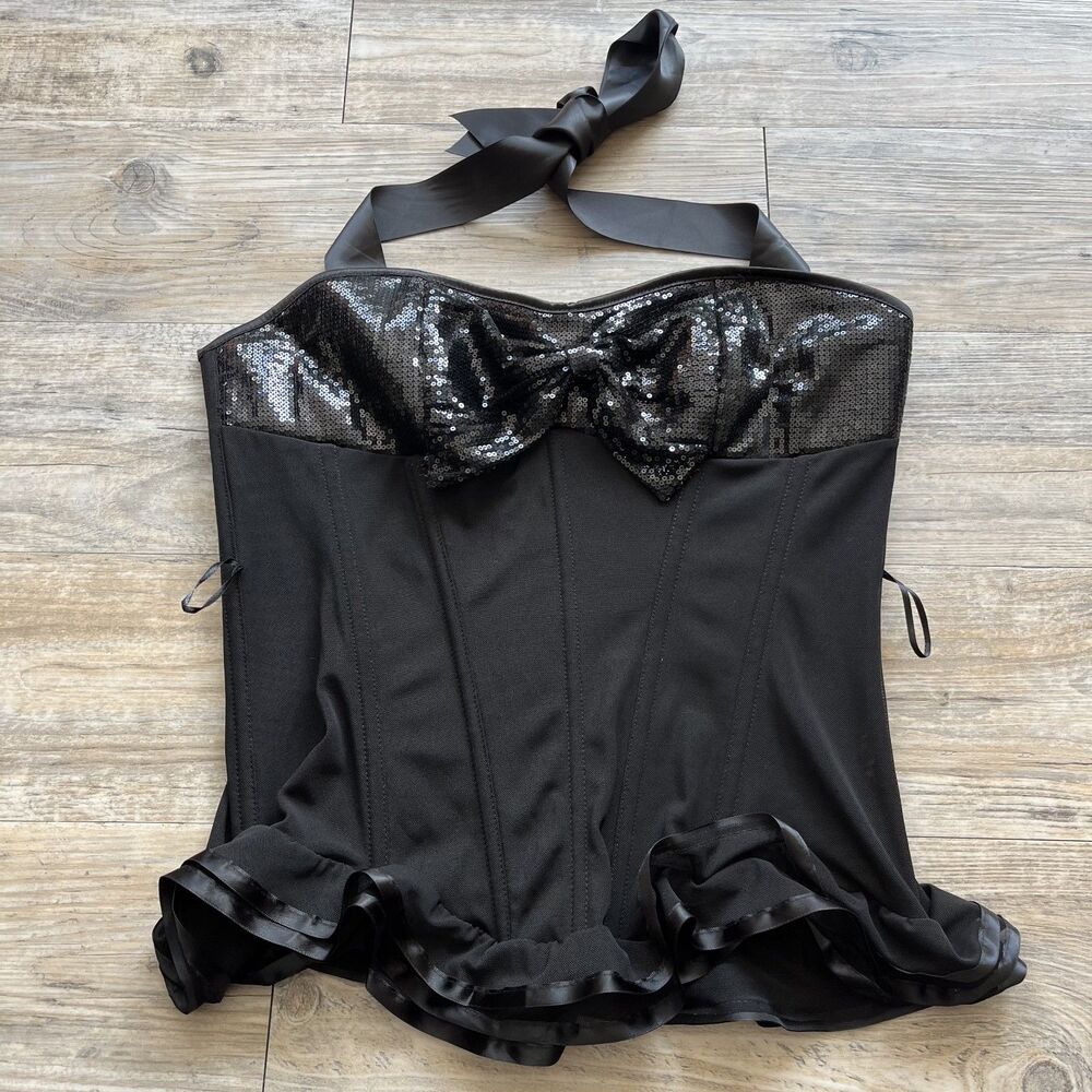 Adore Me Corset Women's 2XL Black Y2K Sequin Glam Bow Ruffle Gothic Victorian